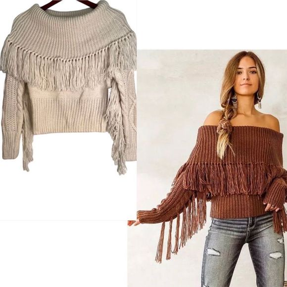 Willow & Root by Buckle Womens M Cream Off The Shoulder Thick Fringe Sweater NWT - Picture 1 of 9